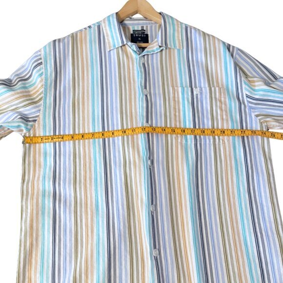 Trust Mens Shirt Size XL Linen Blend Button Up Blue Striped Short Sleeve Preppy - Picture 9 of 10